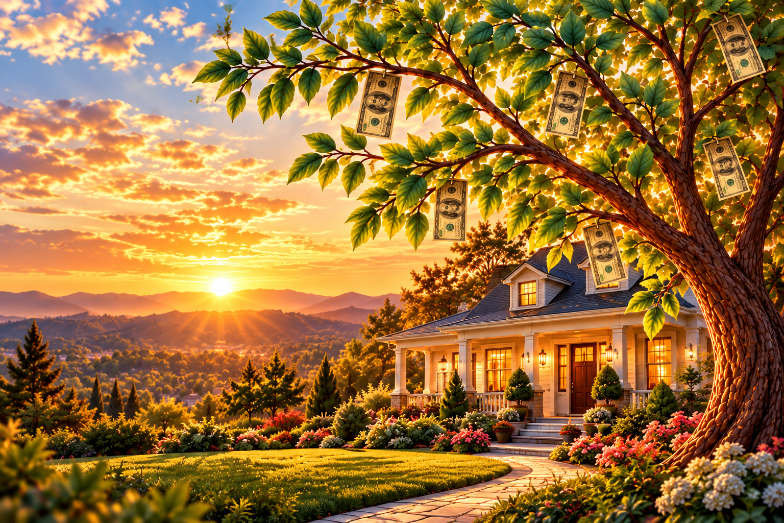 A money tree beside a home at sunset