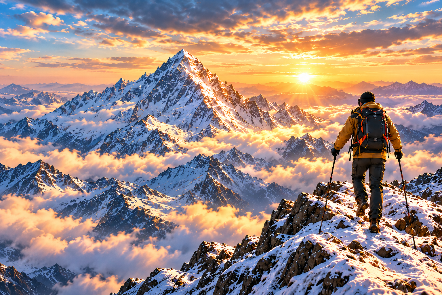 A hiker on a snowy ridge looking toward a mountain summit at sunrise